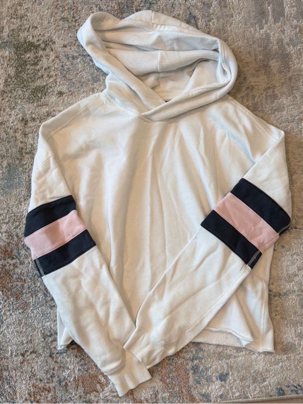 Abercrombie & Fitch Cream Hoodie with Pink and Black Sleeve Stripes
